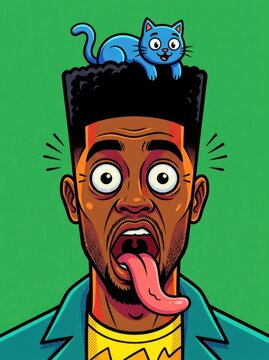 Surprised Black Man with Tongue Out and Blue Cat on Flat Top Haircut Comic Illustration
