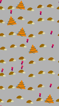 Seamless pattern of stylized Christmas trees and abstract shapes