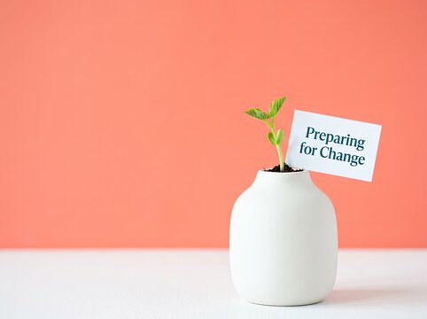 Green sprout in a white vase with Preparing for Change note suitable for corporate growth concepts symbolizing adaptation and new beginnings