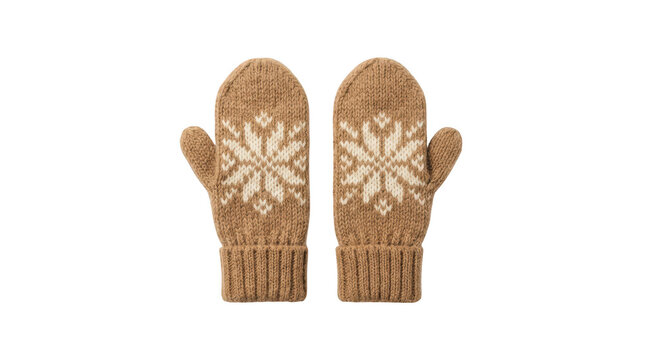 Pair of cozy brown knitted winter mittens with snowflake design isolated on transparent background