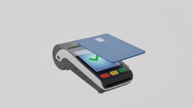A contactless payment transaction process showing a blue credit card waving over a modern POS terminal with a green checkmark, symbolizing fast, secure retail banking and digital financial checkout.