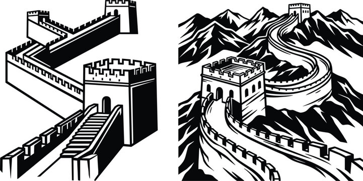 Great Wall of China historic landmark watchtower vector illustration set ancient fortress mountain landscape travel cultural monument