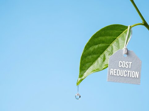 Green leaf with cost reduction tag hanging on it ideal for financial and eco business themes representing sustainable saving and budget optimization