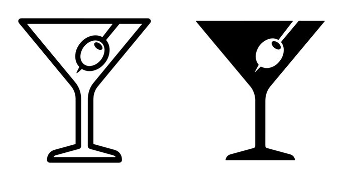 Martini glass line icon and silhouette with olive for drinks and bar signage