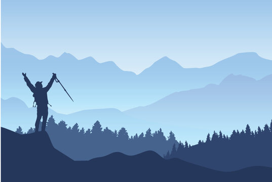 Hikers Celebrating on Mountain Peak Silhouette Illustration