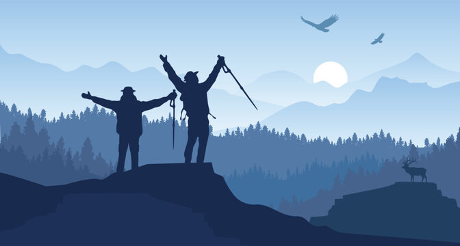 Hikers Celebrating on Mountain Peak Silhouette Illustration