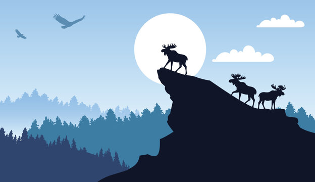 Moose Standing on Rocky Cliff at Night Flat Illustration