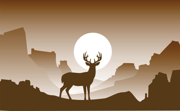 Deer in Mountain Landscape at Sunset Illustration
