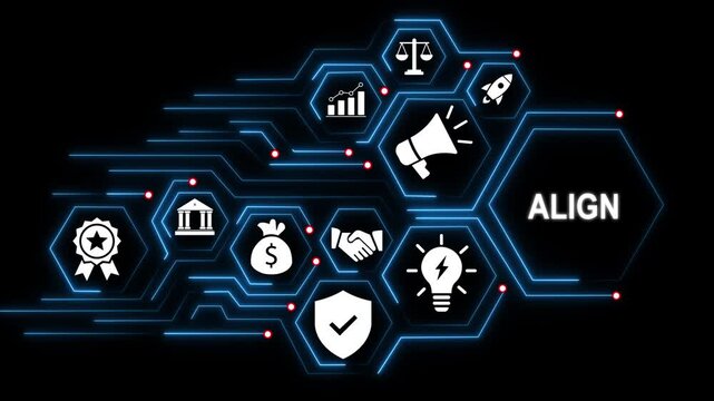 Digital business alignment concept featuring glowing hexagonal network nodes with corporate for strategic management, synergy, organizational growth, and modern enterprise technology solutions
