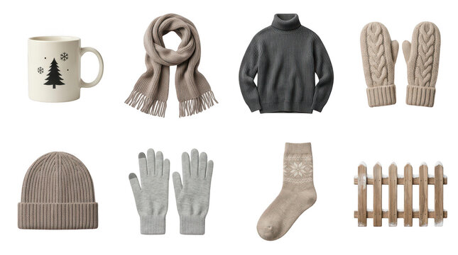 Set of cozy winter clothes and accessories for cold weather isolated on transparent background