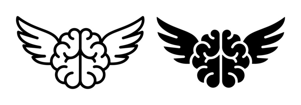 Winged brain icon set with line art and silhouette for idea and knowledge