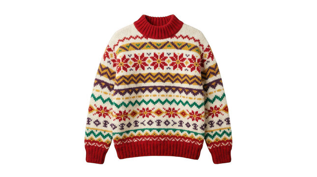 Cozy knitted christmas sweater with colorful winter pattern isolated on transparent background