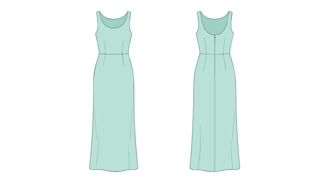 Mint Green Women's Sleeveless Maxi Dress Technical Flat Sketch with Front and Back Views Fashion Template