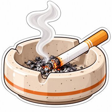 Burning Cigarette in Ashtray Flat Vector Sticker Illustration Isolated on White Background