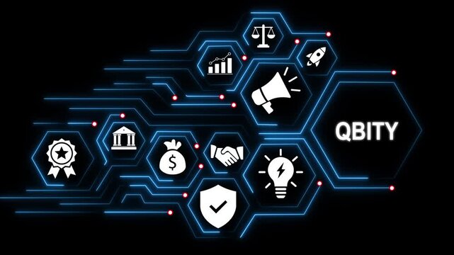 Futuristic digital business ecosystem concept featuring animated hexagonal network nodes, corporate growth financial strategy symbols, and glowing cybernetic data connections for modern tech
