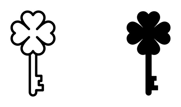 Clover key line icon and silhouette set, lucky charm and access symbol