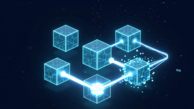 A 3D blockchain ledger node loop showing glowing blue digital blocks connecting through data lines, representing decentralized network security, smart contracts, and encrypted cryptocurrency system.