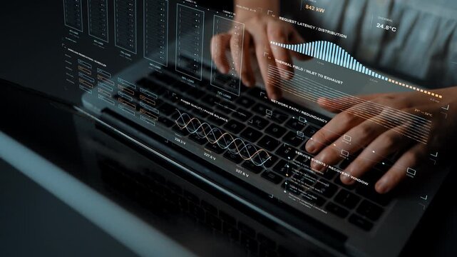 Hands are typing. Data center capacity and reliability are examined through rack activity, thermal measurements and network performance, supporting the management of shared infrastructure.