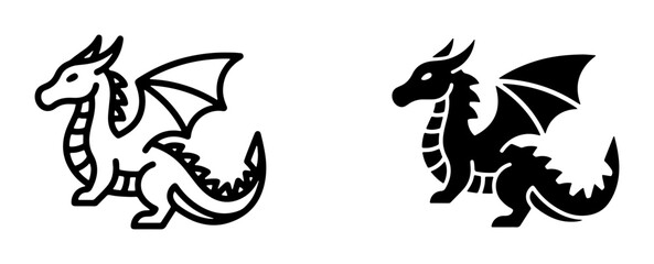 Fototapeta premium Dragon silhouette and line icon set for mythology and fantasy