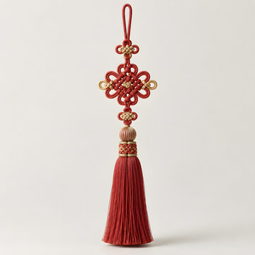 Red decorative knot ornament with tassel, traditional Korean maedeup norigae for lunar new year and good luck concept