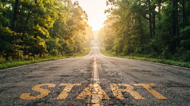 The Road to New Beginnings: A sun-drenched asphalt road stretches into a lush forest, the word START painted boldly at its beginning, symbolizing the dawn of a new journey.