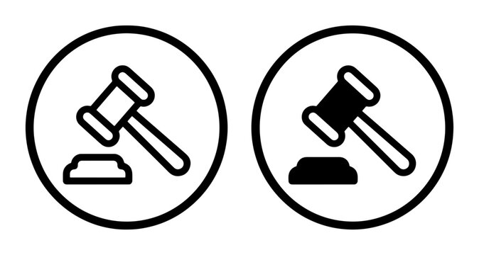 Gavel and sound block icons set for law and justice, auction or court symbol