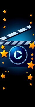 Vector art illustration of a classic film clapboard with a circular play button at its center, surrounded by stylized stars in various sizes and orientations, clapboard, graphicdesign