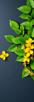 Vibrant green leaves and bright yellow flowers on a dark textured slate background with copy space, dark, yellow