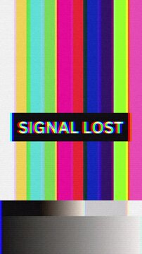 A television screen displaying the iconic 'SIGNAL LOST' message over a colorful test pattern, symbolizing a connection interruption and the absence of a broadcast signal