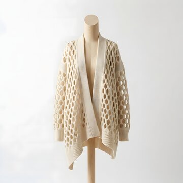 Cream colored open knit cardigan sweater displayed on a wooden mannequin against white background