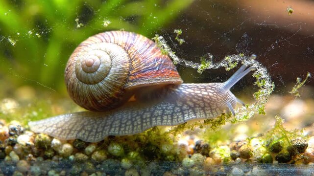 Close-up of a garden snail with spiral shell moving slowly on a textured surface with green algae
