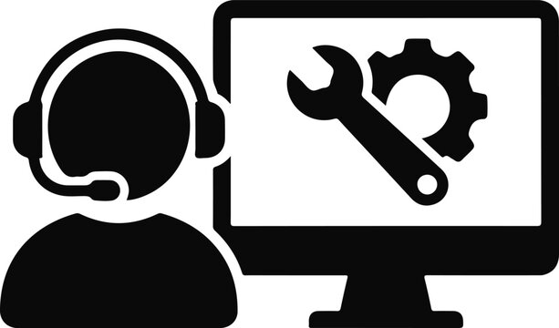Technical support illustration featuring headset and computer screen with tools depicting assistance