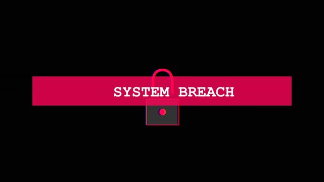 Retro pixel art animation of a red padlock on a black background with a system breach warning banner appearing to alert users of a cyber security hack or data leak.