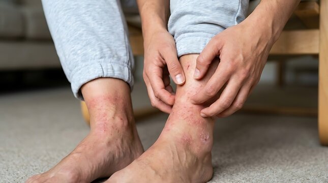 Person scratching itchy red skin rash on ankles