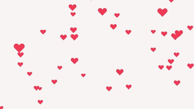 Romantic Red Hearts Falling against white Background. Love symbol live Streaming for valentine. Heart sticker particles downfall through. Love heart icons gracefully flying from top to bottom.
