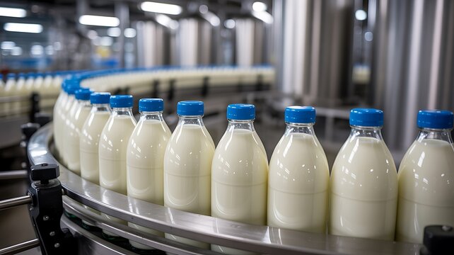 Modern dairy factory production line with fresh milk bottles moving through automated food processing equipment