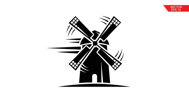 Silhouette of a traditional windmill with spinning blades, symbolizing energy and industry, isolated on white background.