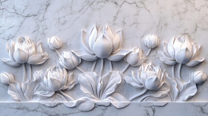 Carved lotus flowers on marble. Decorative bas-relief