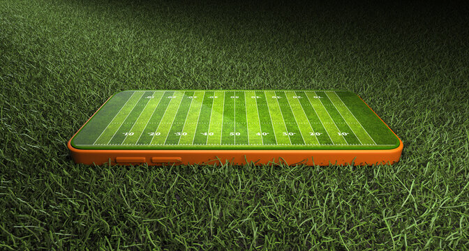 Mobile phone on green grass with American football field layout on screen,3d rendering