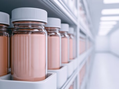 Sealed Bottles of Critical Mineral Inventory on a Uniform Shelf Displaying Organization and Systematic Storage in a Laboratory Environment