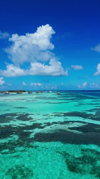 Aerial view of a tropical island in the Maldives, showing detailed reef textures, white sand, and vibrant turquoise water, conveying a serene and picturesque mood,Vertical video