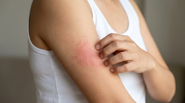 Person scratching itchy red skin rash on arm