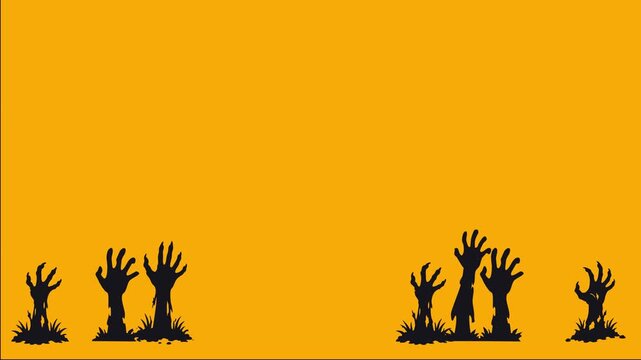 Halloween animated silhouetted zombie hands rising from the ground 4k orange background.