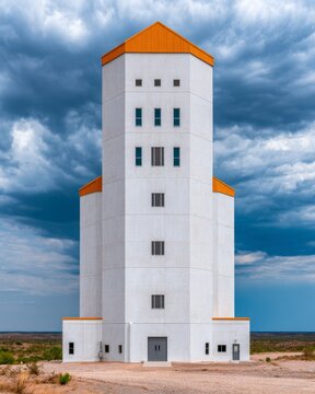 Tall mineral recovery facility showcasing innovative vertical design against a dramatic sky, emphasizing the layers of architecture and industrial functionality