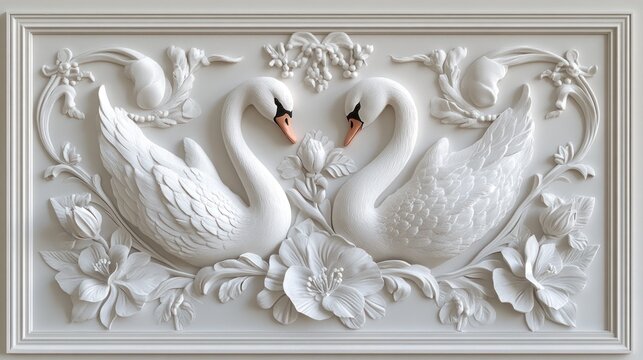 Ornate carved swans, floral relief, wall art, decorative panel