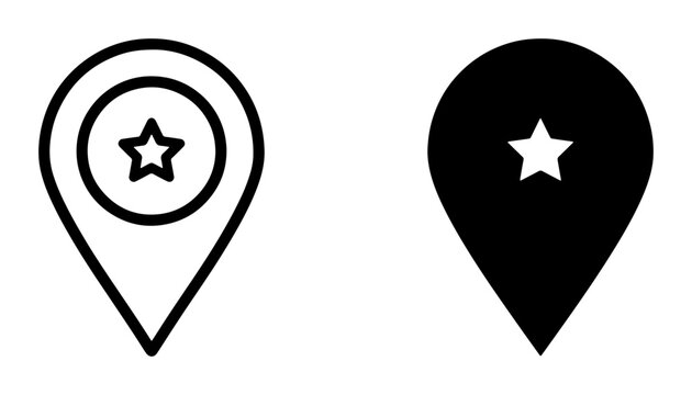 Location pin icons set with star inside, map pointer and marker for navigation and travel