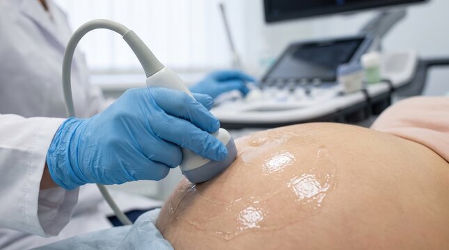 Obstetrician examining pregnant belly with sonogram transducer device in modern hospital room environment.