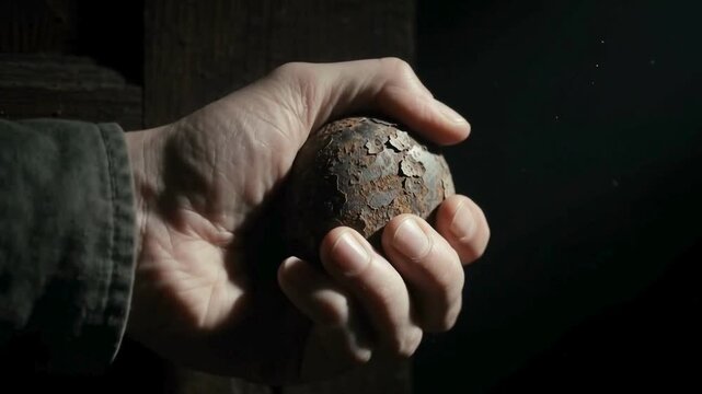 A rugged hand holds a mysterious textured spherical object dramatically lit against a dark background evoking a sense of discovery or ancient power