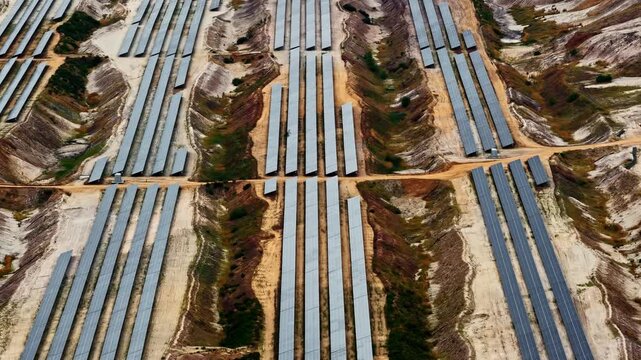 Vast solar farm with photovoltaic panels producing clean electricity in Tagebau Hambach (Hambach Mine) a former mining area in Germany