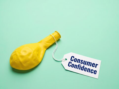 Deflated yellow balloon with a tag labeled consumer confidence perfect for economic analysis symbolizing market decline and inflation anxiety